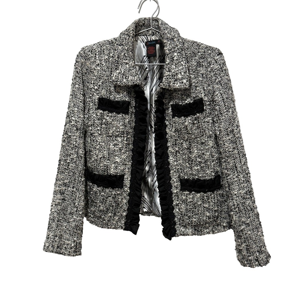 D Studio Tweed Blazer Jacket Women's 8 Black White Wool Blend Ruffle Lady Jacket